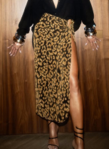 Personalized Slit Drawstring Tie Stretch Leopard Print Skirt