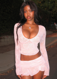 Hollow Navel Exposed Mesh See-through Two-piece Long-sleeved Short Skirt Set