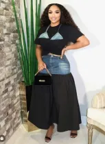 Fashionable Patchwork Contrasting Color T-shirt and Denim Skirt Suit