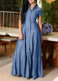 Casual Large Size Denim Dress With Shirt Collar and Pockets