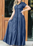 Casual Large Size Denim Dress With Shirt Collar and Pockets