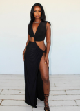 Sexy Deep V Hollow Slit Slim Long Dress