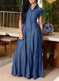 Casual Large Size Denim Dress With Shirt Collar and Pockets