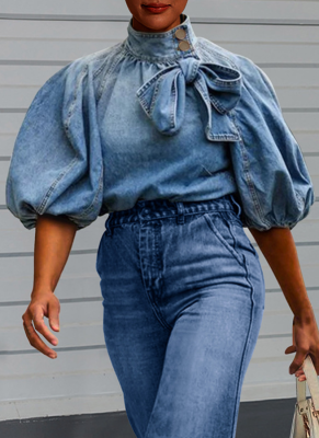 Casual Gradient Color Lightweight Puff Sleeve Pullover Denim Top