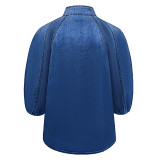 Casual Gradient Color Lightweight Puff Sleeve Pullover Denim Top