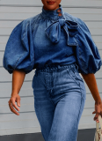 Casual Gradient Color Lightweight Puff Sleeve Pullover Denim Top