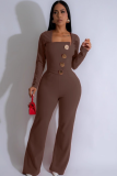 Line Stitching Large Button Long Sleeve Sports Solid Color Jumpsuit