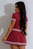 New Color-Blocked Sweater Waist-Baring POLO Neck Short-Sleeved Pleated Skirt Two-Piece Set