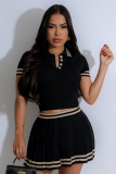 New Color-Blocked Sweater Waist-Baring POLO Neck Short-Sleeved Pleated Skirt Two-Piece Set