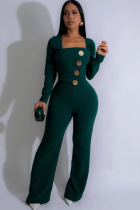 Line Stitching Large Button Long Sleeve Sports Solid Color Jumpsuit