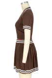 New Color-Blocked Sweater Waist-Baring POLO Neck Short-Sleeved Pleated Skirt Two-Piece Set
