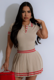 New Color-Blocked Sweater Waist-Baring POLO Neck Short-Sleeved Pleated Skirt Two-Piece Set