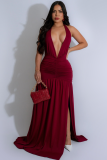Fashion Women's Sexy Temperament Halter Neck Deep V Neck Slit Dress