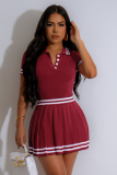 New Color-Blocked Sweater Waist-Baring POLO Neck Short-Sleeved Pleated Skirt Two-Piece Set