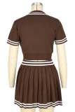 New Color-Blocked Sweater Waist-Baring POLO Neck Short-Sleeved Pleated Skirt Two-Piece Set