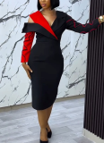 Casual Contrasting Color Patchwork Collar Slim Fit Hip-hugging Dress
