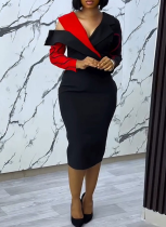 Casual Contrasting Color Patchwork Collar Slim Fit Hip-hugging Dress