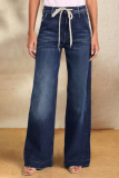 Spring New Lace-Up Stretch Jeans Straight Wide-Leg Trousers
