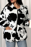 Faux Fur Coat Women's Cow Printed Casual Zipper Jacket Plush and Warm