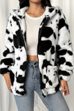 Faux Fur Coat Women's Cow Printed Casual Zipper Jacket Plush and Warm