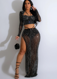 Fashionable Solid Color Mesh Long-sleeved Long Skirt Two-piece Set