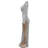 Fashionable Solid Color Mesh Long-sleeved Long Skirt Two-piece Set