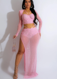 Fashionable Solid Color Mesh Long-sleeved Long Skirt Two-piece Set