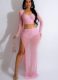 Fashionable Solid Color Mesh Long-sleeved Long Skirt Two-piece Set