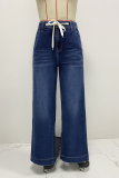 Spring New Lace-Up Stretch Jeans Straight Wide-Leg Trousers