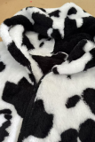Faux Fur Coat Women's Cow Printed Casual Zipper Jacket Plush and Warm