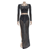 Fashionable Solid Color Mesh Long-sleeved Long Skirt Two-piece Set
