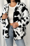 Faux Fur Coat Women's Cow Printed Casual Zipper Jacket Plush and Warm