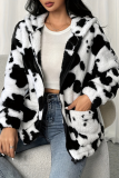 Faux Fur Coat Women's Cow Printed Casual Zipper Jacket Plush and Warm
