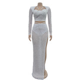 Fashionable Solid Color Mesh Long-sleeved Long Skirt Two-piece Set