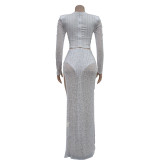 Fashionable Solid Color Mesh Long-sleeved Long Skirt Two-piece Set