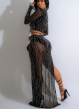 Fashionable Solid Color Mesh Long-sleeved Long Skirt Two-piece Set