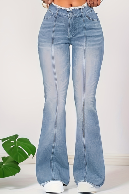 Blue Raw-edge Whiskered Hip-Lifting Stretch Bootcut Jeans
