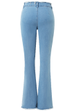 Blue Raw-edge Whiskered Hip-Lifting Stretch Bootcut Jeans