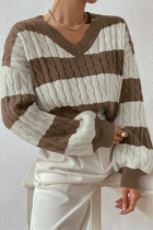 Loose Fashion Women's V-Neck Retro Contrast Striped Sweater