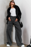 Gray American Street Stripe Stitching Contrast Color Jeans Women'S Fashion Loose Wide-Leg Straight Pants