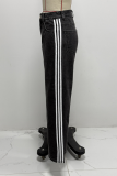 Gray American Street Stripe Stitching Contrast Color Jeans Women'S Fashion Loose Wide-Leg Straight Pants