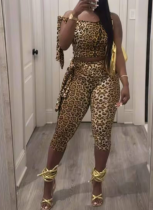 Hot Style Elastic Lace-up Cropped Trousers Leopard Print Suit