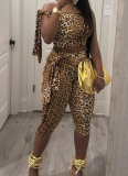 Hot Style Elastic Lace-up Cropped Trousers Leopard Print Suit