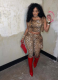 Hot Style Elastic Lace-up Cropped Trousers Leopard Print Suit