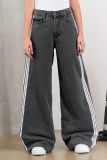 Gray American Street Stripe Stitching Contrast Color Jeans Women'S Fashion Loose Wide-Leg Straight Pants