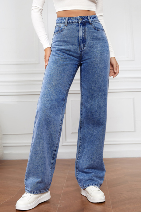 High Waist Washed Women'S Jeans Long Straight Pants