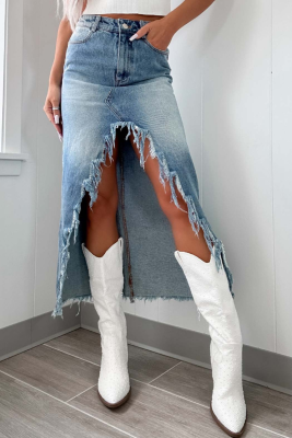 New Spring High Waist Irregular Raw Edge Denim Skirt