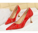 Lace Mid-Heel Single Shoes Pointed Toe Irregular Pattern Stiletto Professional Women'S Single Shoes
