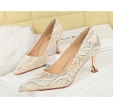 Lace Mid-Heel Single Shoes Pointed Toe Irregular Pattern Stiletto Professional Women'S Single Shoes