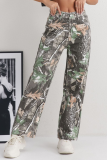 New Style Printed Fashion Workwear Casual Loose Straight Mid-Waist Denim Trousers